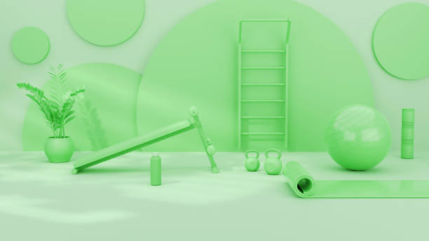 3D Render of Fitness exercise room at home green stock photo