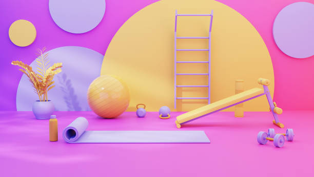 3D Render of Fitness exercise room at home colorful stock photo
