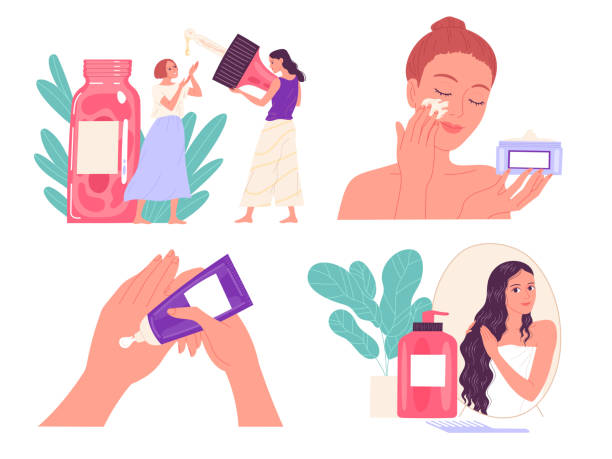 ilustrações, clipart, desenhos animados e ícones de mulheres jovens cuidam de sua pele com diferentes produtos cosméticos - exfoliation