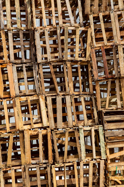 Plastic fruit crates in warehouse.