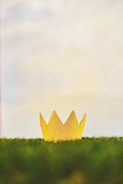 Glittery gold crown in grass with sky background