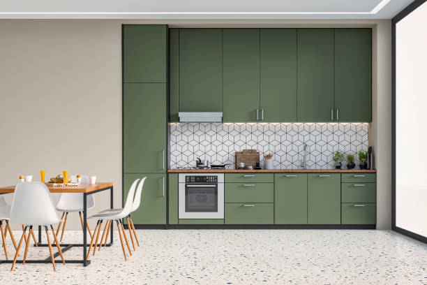 istock Modern kitchen and dining room 70's retro style 1367915925