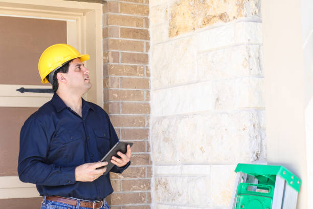 istock Latin descent man inspects home exterior. Contractor, inspector. 1367917052