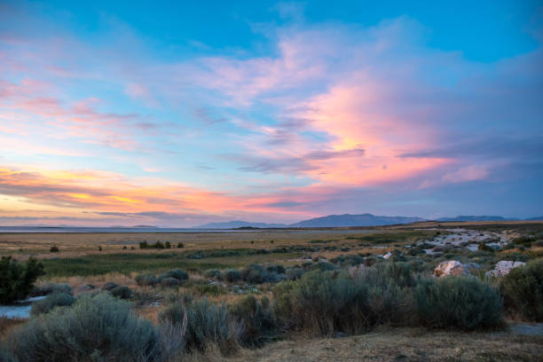 Dramatic vibrant sunset scenery in Antelope Island State Park, Utah stock photo