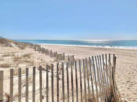 Sunny Day at Beach with Fenced Off Dunes, East Hampton, NY, US in East Hampton, New York, United States