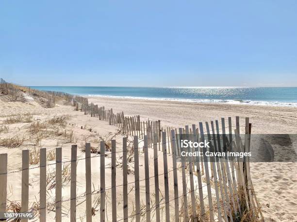 Sunny Day At Beach With Fenced Off Dunes East Hampton Ny Us Stock Photo - Download Image Now