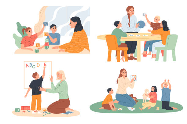 edukacja i nauczanie dzieci poprzez zabawę w przedszkolu. nauczyciele lub rodzice są zaangażowani w opiekę nad dziećmi - dzieci w szkole obrazy stock illustrations