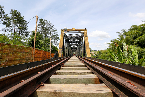 Old railway bridge, with iron trellis, in Guararema, countryside of the Sao Paulo state, Brazil