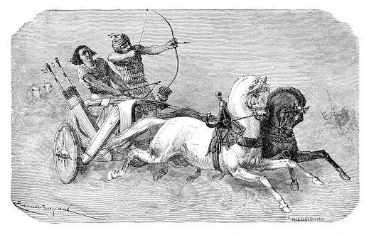 Engraving Pharaoh on chariot with bow and arrow at battle
Original edition from my own archives
Source : Weltgeschichte 1898