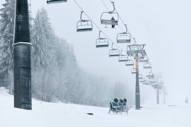 istock Ski lifts in the winter forest 1367924384