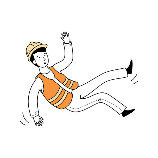 Injured worker fall accident. Line drawn doodle Injured worker fall accident. Line drawn doodle style character. Man with builder uniform and helmet. Industry work risk and health safety concept. Vector illustration. fractured foot drawing stock illustrations