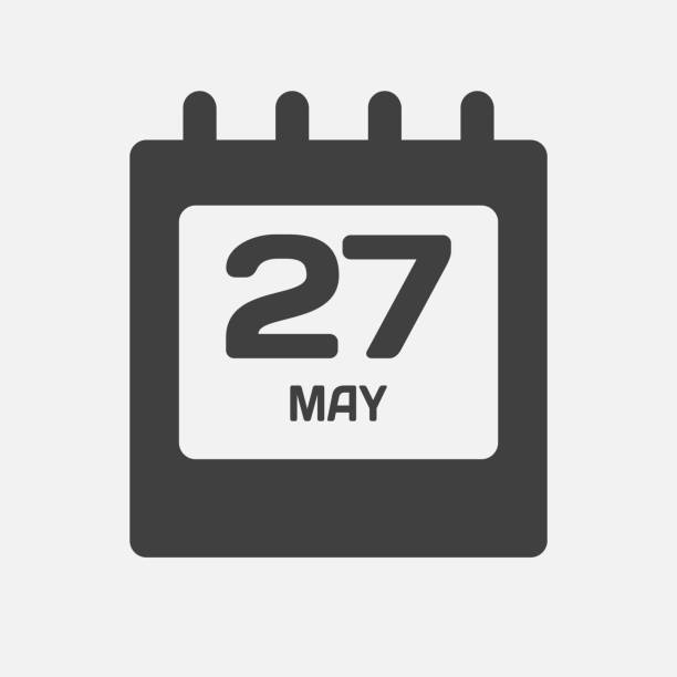 Icon day date 27 May, template calendar page Icon page calendar day - 27 May. Days of the month, vector illustration flat style. 27th date day of week Sunday, Monday, Tuesday, Wednesday, Thursday, Friday, Saturday. Spring holidays in May number 27 stock illustrations