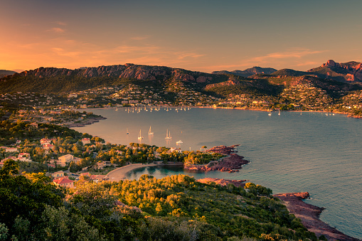 Sunset over Agay and the Estérel massif, on the French Riviera.