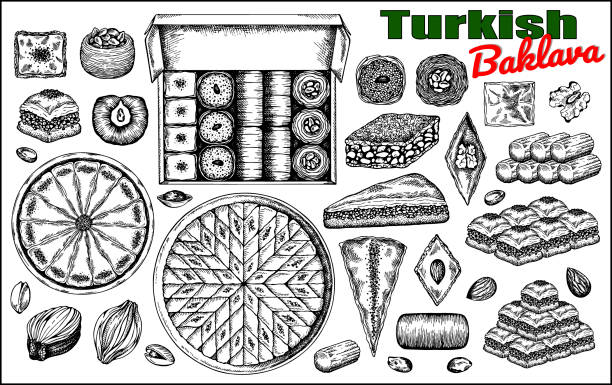 Sketch drawing set of Turkish baklava isolated on white background. Sketch drawing set of Turkish baklava isolated on white background. Drawn sweet food, oriental dessert, turkish delight, pistachio nuts, almond, sugar syrup, walnut, honey, bakery. Vector illustration. baklava stock illustrations