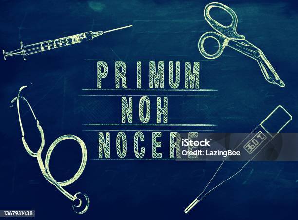 Primum Non Nocere In Chalkboard Lesson Style Stock Photo - Download Image Now - Healthcare And Medicine, World Health Organization, Latin Script