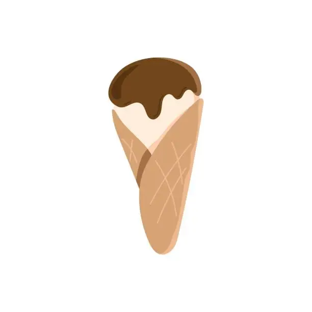 Vector illustration of White ice cream in a waffle cone topped with chocolate. Isolated on white background. Vector illustration.