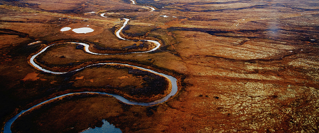 Landscape riverbed and land relief. View from above. Aerial photography. Putorano Plateau. Peninsula Taimyr.