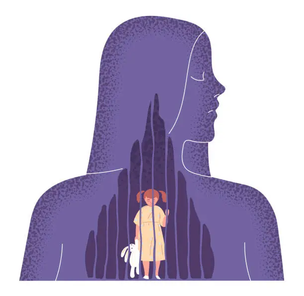 Vector illustration of Unmet childhood needs, child abuse has severe consequences for a womans soul, which seems to be trapped in a cage