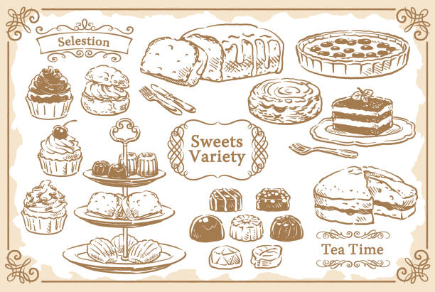 коллекция эскизных десертов и элегантных рамок. векторная иллюстрация. - tiramisu cake chocolate sweet food stock illustrations