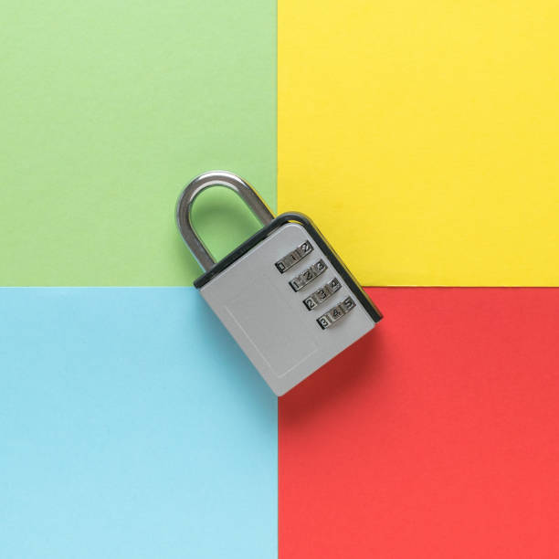 istock A combination metal lock on a background of four colors. 1367937447