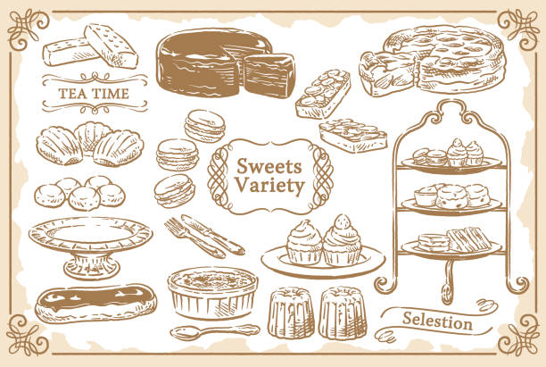 kollektion von skizzendesserts und eleganten rahmen. vektorillustration. - shortbread stock-grafiken, -clipart, -cartoons und -symbole