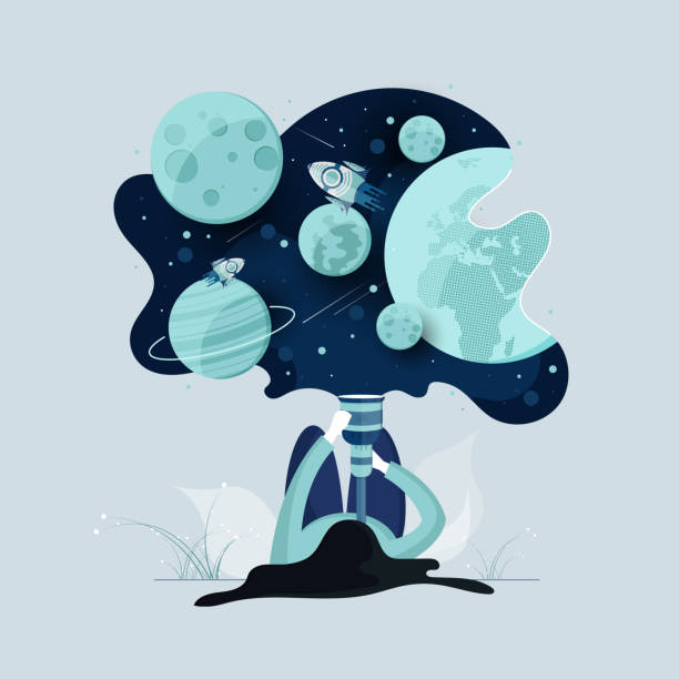 Girl exploring space with telescopes in night starry sky Girl exploring space with telescopes in night starry sky stock illustration starry sky telescope stock illustrations