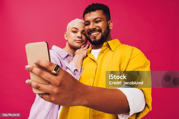 Gay Couple Taking A Selfie Together Stock Photo - Download Image Now - Generation Z, Couple - Relationship, Friendship