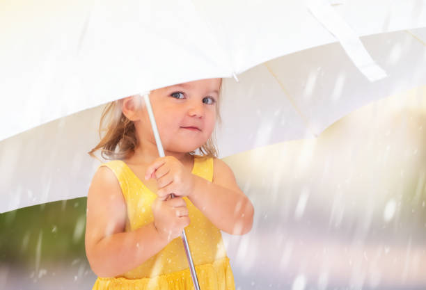 Portrait of happy child girl with umbrella