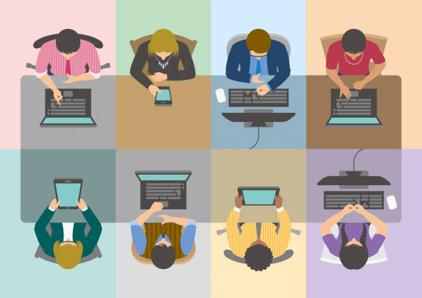 виртуальный конференц-стол с группой деловых людей, использующих цифровые устройства - above laptop desk computer stock illustrations