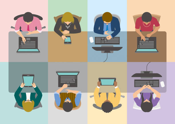 Virtual conference table with group of business people using digital devices High angle view of business team having online meeting or video conference. conference table stock illustrations