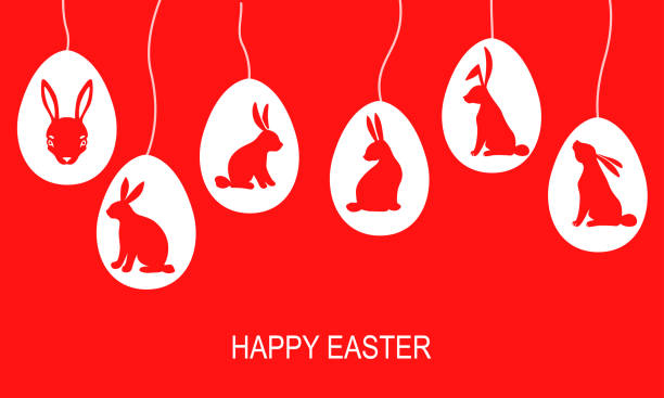 ilustrações de stock, clip art, desenhos animados e ícones de easter banner with bunnies and eggs hanging on strings - easter eggs red