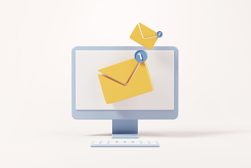 New email notification icon with one e-mail message on computer pc. minimal design. 3d rendering