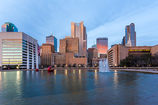 Dallas, Texas, USA - January 30th, 2022: Beautiful view of the downtown buildings at sunset