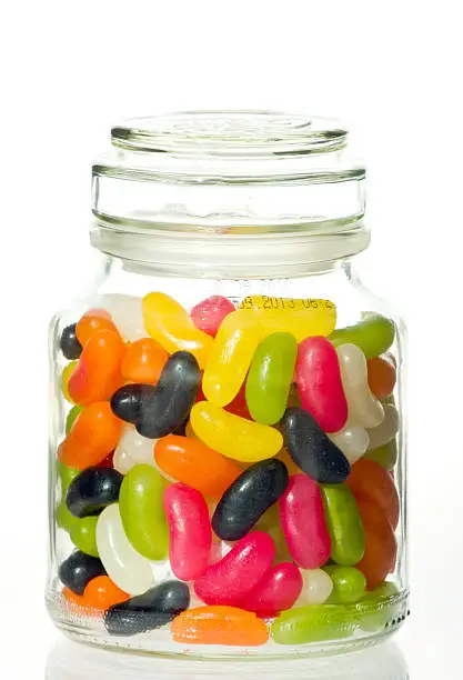 Jellybeans in a glass jar with white background