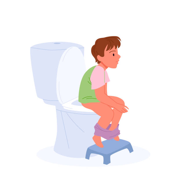 Baby boy sitting on toilet bowl in unhealthy posture, funny kid training to use toilet Baby boy sitting on toilet bowl in unhealthy posture vector illustration. Cartoon funny preschool kid training to use toilet with foot bench in restroom isolated on white. Personal hygiene concept squat toilet stock illustrations