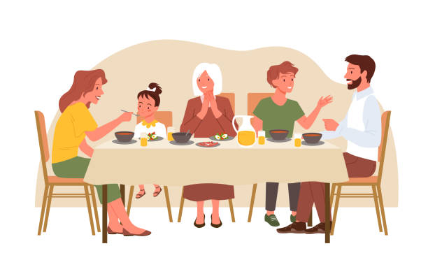 Family people eat dinner at home, mother feeding little daughter, sitting at dining table Family people eat dinner at home vector illustration. Cartoon mother feeding little daughter, father, son, grandmother sitting at dining table and eating isolated on white. Happy family time concept dinner stock illustrations