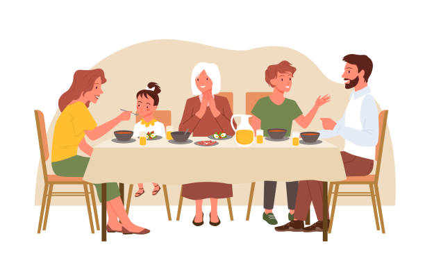 Family people eat dinner at home, mother feeding little daughter, sitting at dining table Family people eat dinner at home vector illustration. Cartoon mother feeding little daughter, father, son, grandmother sitting at dining table and eating isolated on white. Happy family time concept feeding illustrations stock illustrations