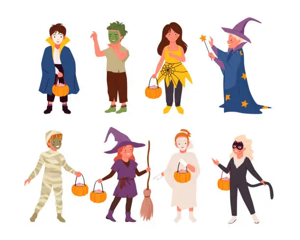 Vector illustration of Cartoon cute girls boys in funny monster costumes holding treat pumpkin in hands on Halloween fun holiday isolated on white. Halloween party kid characters set, happy children vector illustration.