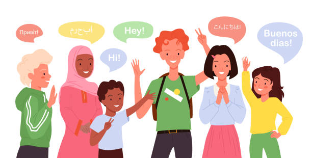 Cartoon group of multicultural multiethnic girl boy child characters standing, cute students waving hand background. Children greeting, school kids say hi in different languages vector illustration. Cartoon group of multicultural multiethnic girl boy child characters standing, cute students waving hand background. Children greeting, school kids say hi in different languages vector illustration multicultural children stock illustrations