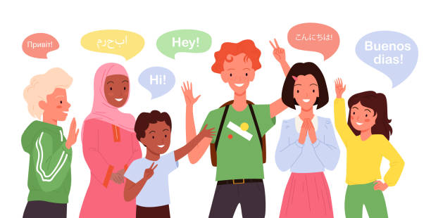 Cartoon group of multicultural multiethnic girl boy child characters standing, cute students waving hand background. Children greeting, school kids say hi in different languages vector illustration. Cartoon group of multicultural multiethnic girl boy child characters standing, cute students waving hand background. Children greeting, school kids say hi in different languages vector illustration japan small apartment stock illustrations