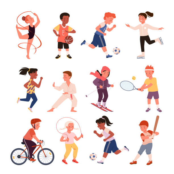 ilustraciones, imágenes clip art, dibujos animados e iconos de stock de niños haciendo ejercicios deportivos, lindo niño niña correr, niño jugar fútbol, béisbol - mono ski