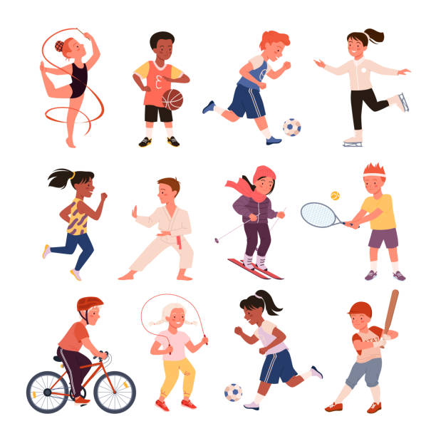 ilustrações, clipart, desenhos animados e ícones de crianças fazendo exercícios esportivos, corrida de menina de menino bonito, criança jogar futebol, beisebol - tennis racket ball isolated