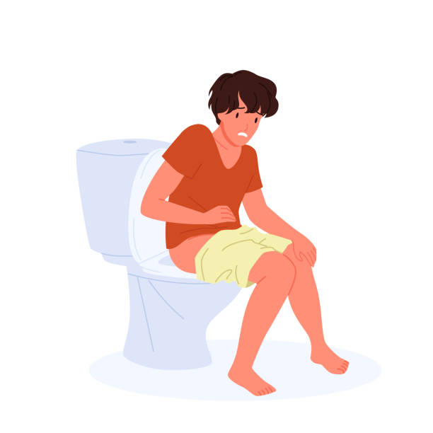 Sad man with stomach pain or diarrhea sitting on toilet bowl, constipated sick guy Sad man with stomach pain or diarrhea sitting on toilet bowl vector illustration. Cartoon constipated sick guy with ache symptoms isolated on white. Digestive and bowel problems, medicine concept flushing toilet stock illustrations
