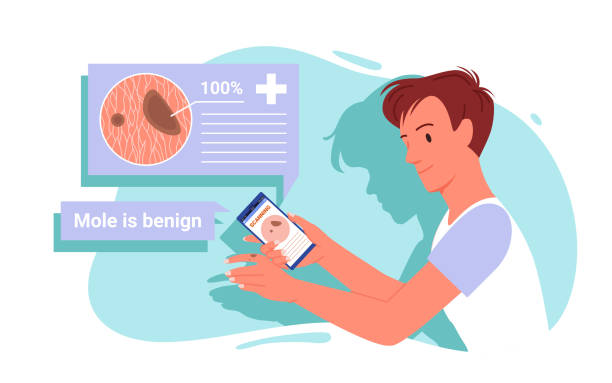 Man with mole test in smartphone app, using phone to identify benign or malignant nevus Man with mole test online in smartphone app vector illustration. Cartoon male patient using phone to identify benign or malignant nevus, scanning mole. Healthcare technology, dermatology concept man wash face stock illustrations