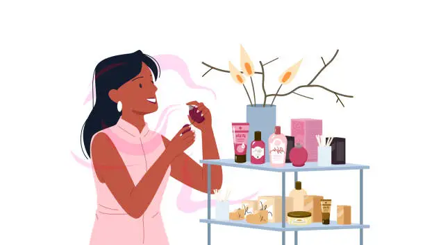 Vector illustration of Girl choosing fashion perfume from assortment in beauty cosmetics store, applying process