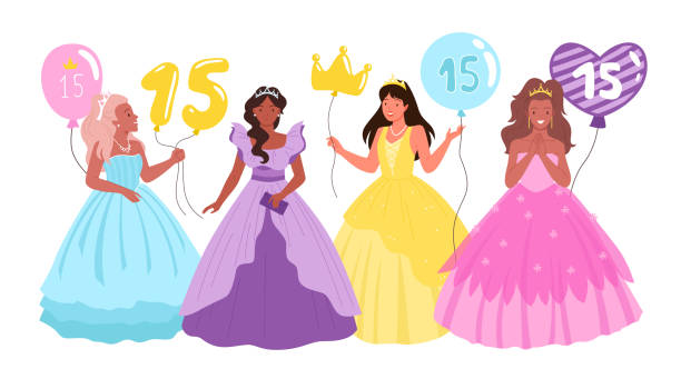 Quinceanera, birthday party with pretty girls, teen female characters in princess dresses Quinceanera, birthday party with pretty girls vector illustration. Cartoon teen female characters in purple or pink dresses, princess tiara and crown, holding balloons with number 15 isolated on white quinceanera stock illustrations