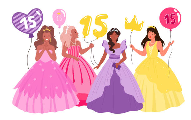 Cartoon teen female characters in purple or pink dresses, princess tiara and crown, holding balloons with number 15 isolated on white. birthday party with pretty girls vector illustration. Cartoon teen female characters in purple or pink dresses, princess tiara and crown, holding balloons with number 15 isolated on white. Quinceanera, birthday party with pretty girls vector illustration princess crown tiara prom stock illustrations