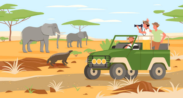 アフリカのサファリ旅行の冒険サバンナ野生動物の風景、ジープで旅行する人々 - animal cartoon zoo safari点のイラスト素材／クリップアート素材／マンガ素材／アイコン素材