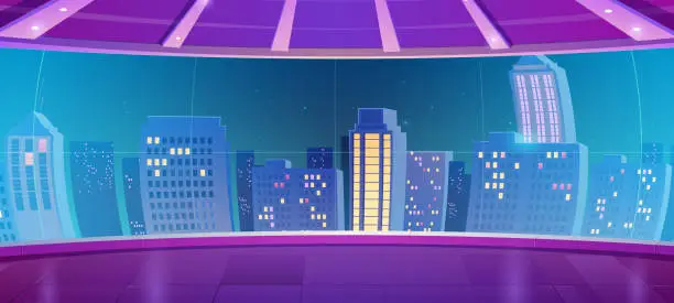 Vector illustration of Night city in neon lights on cinema screen, town