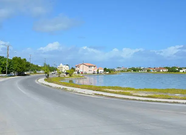 town entrance and old salt flats of Cockburn Town, Grand Turk; Turks and Caicos Islands